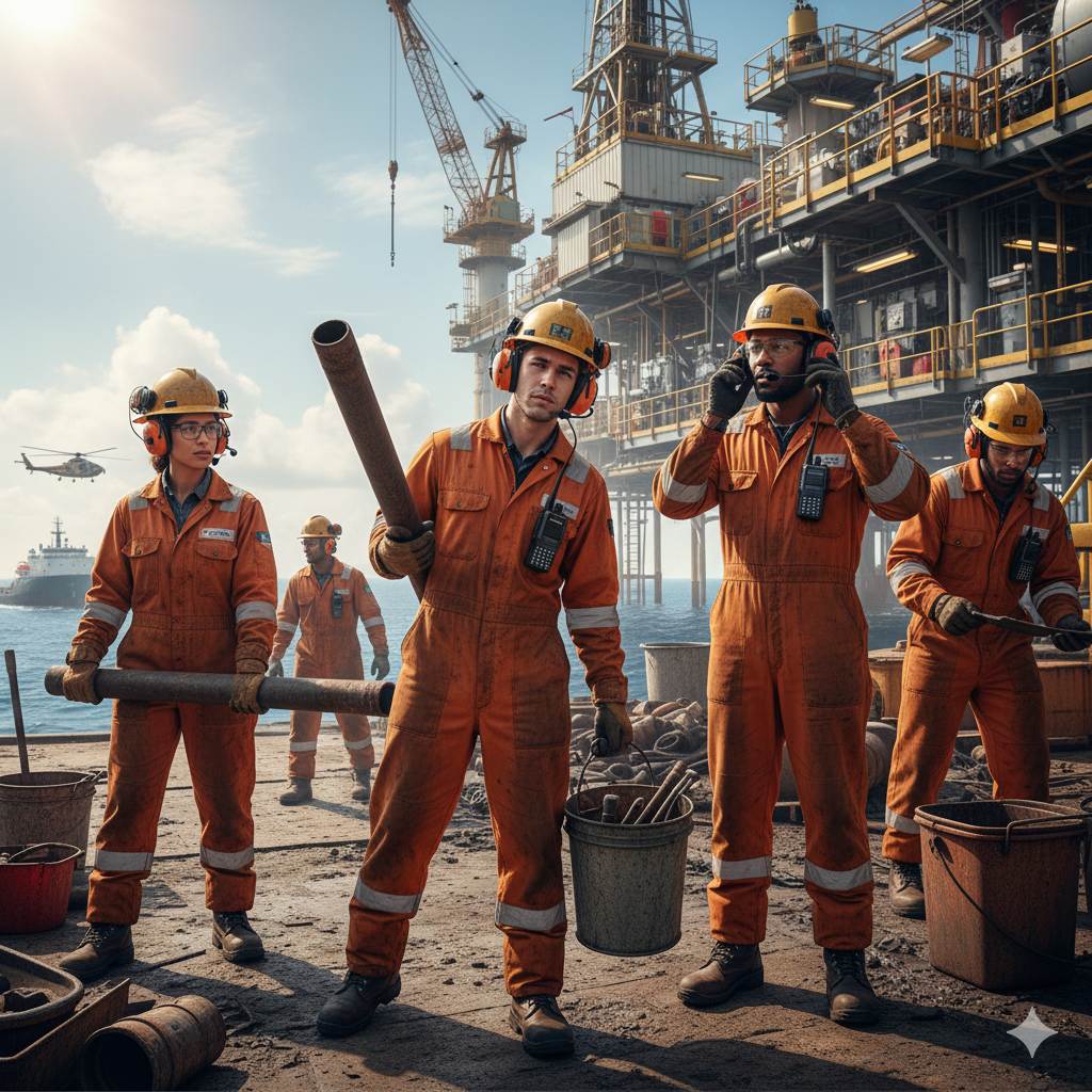 oil rig workers wearing full duplex walkie talkie